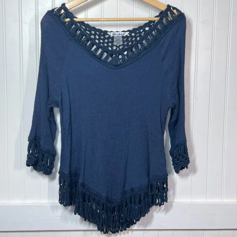 NYGARD Blouse Navy Crochet Hippie Indie Fairy Whimsy Festival V-Neck Fringe L - Picture 2 of 7